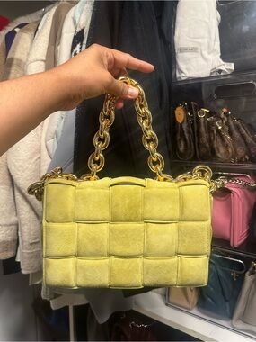 Yellow Suede Woven Shoulder Bag with Gold Chain Handle